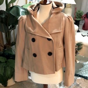 SZ S TAN CROPPED NICE HOODED COAT 80% WOOL. LIKE NEW